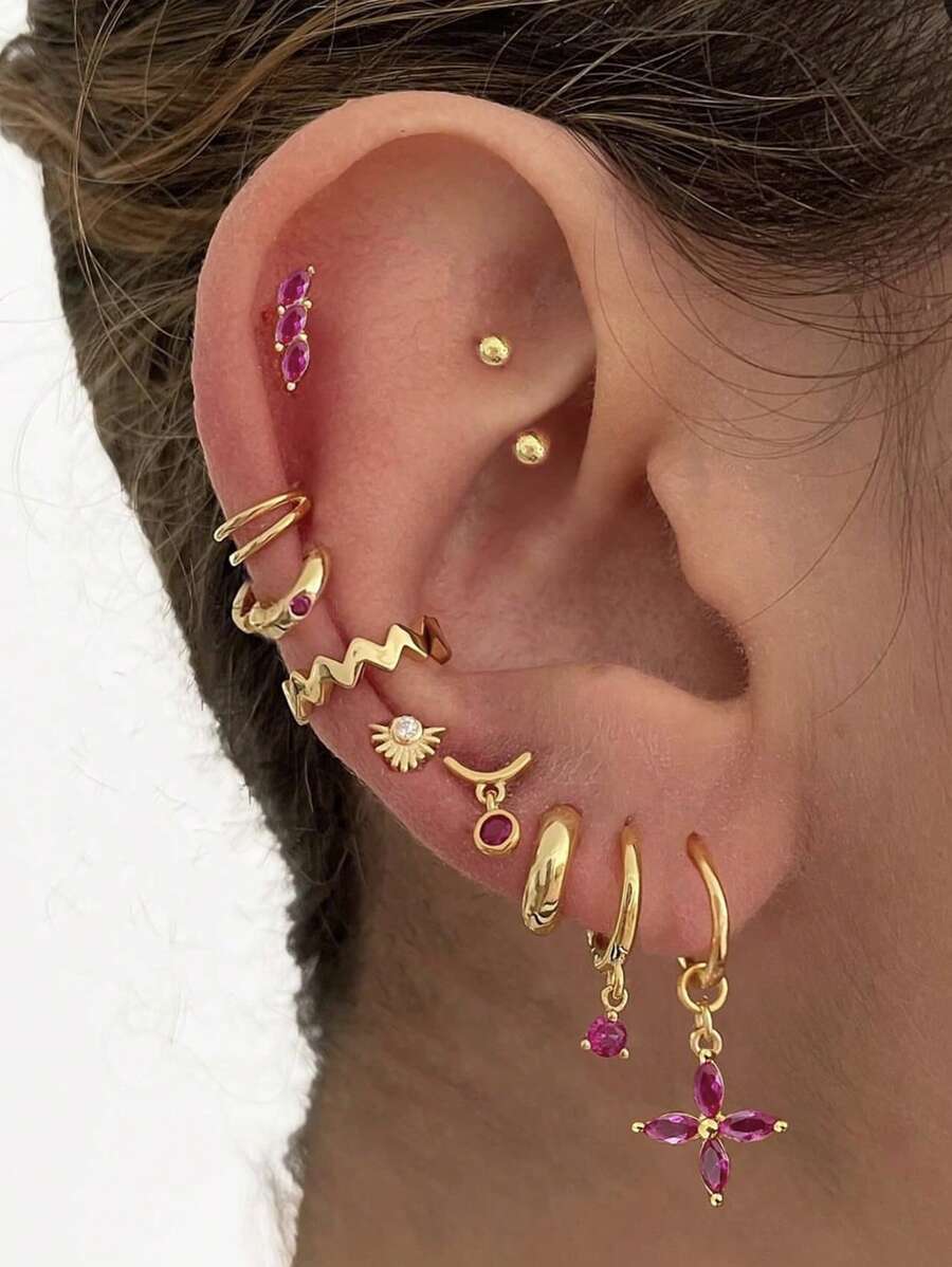 10pcs Rose Pink Cubic Zirconia Stud Earring Set, Multi-Layer Cartilage Helix Piercing Earrings, Suitable For Women Daily, Date, Party, Music Festival, Best Gift For Her Holiday