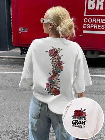 Maglietta con stampa di rose, casual e comoda, scollo rotondo, maniche corte, da donna, oversize, casual e vintage, colorata, comoda e versatile, di moda