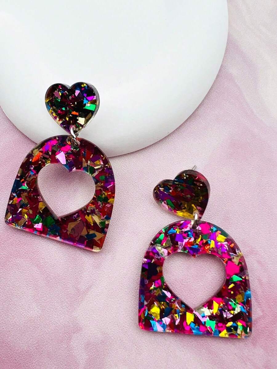 1 Pair Of [Retro Sweet] Geometric Love Sparkling Pink Earrings For Women With Exaggerated Hollow Out Earrings, Exquisite And Sweet Earrings, Elegant Long Earrings