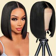 Peluca Bob de cabello humano, 13x6 Peluca frontal de encaje de cabello humano de 200% de densidad, con parte frontal recta HD transparente, peluca Bob corta pre-aclarada para - Natural Black - Ver 7