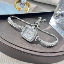 1 pièce Montre à quartz analogique de petite taille pour femme avec double rang de cristaux, chaîne de tirage, échelle numérique arabe, à la mode