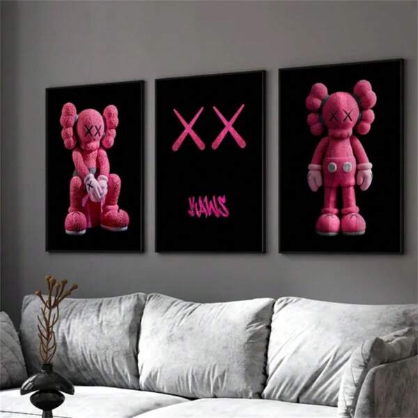 1/3pcs KAWS Style Minimalist Art Painting – Kaws Poster Contemporary Wall Art Painting | Cool Pop Art Print For Bedroom Decor, Office Or Studio Decor Poster Canvas Print, 2D, Great For Room Decor Unframed