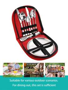 12件套不锈钢便携式餐具套装，学生餐具套装，包括叉子、勺子、茶匙、食物夹、盘子，配红/黑/蓝三色半圆形收纳袋，非常适合户外活动、野餐、烧烤。