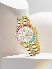 两件套金色女士手表套装，奢华时尚百搭，包含一款镶钻石英表，适合日常佩戴或作为节日礼物。 - 金色 - 查看 3