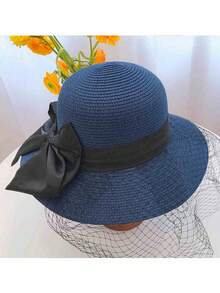 1pc Women's Organza Fashion Straw Hat, Vintage Elegant Wide Brim Beach Sun Hat, Suitable For Outdoor Activities - MZ2873 - View 2