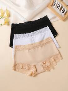 3pcs/Set Lace Mid-Waist Sexy Underwear, Solid Color, Mature Charm & Elegance, Lace Patchwork