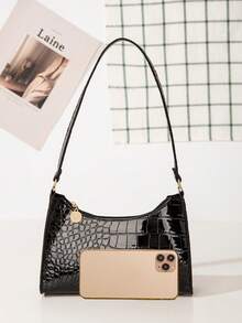 Women's Fashion & Versatile Crocodile Pattern Shoulder Bag - Black - View 6