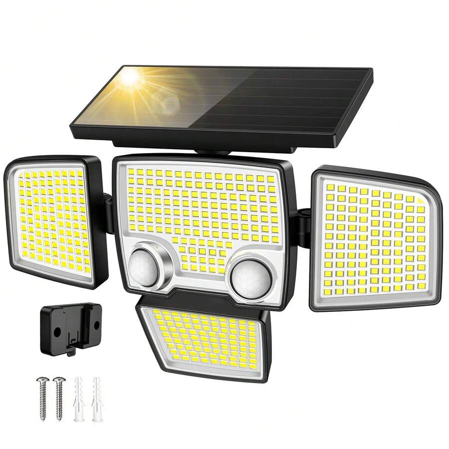 SZRSTH 1 包太阳能户外灯 - 3000LM 423 LED 运动传感器灯，4 头 IP65 防水供电安全泛光灯，270° 广照明角度壁灯带双传感器，适用于车库后院庭院露台，户外花园照明，适用于小路、庭院、露台 - 黑色 1pc - 查看 1