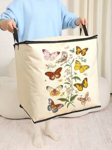 1pc/2pcs Butterfly & Floral Pattern Printed Large Capacity Storage Bag With Lid, Wardrobe Organizer Storage Box, Foldable Blanket & Clothing Container With Sturdy Zipper, For Clothes, Blankets, Miscellaneous Items - Multicolor - View 1
