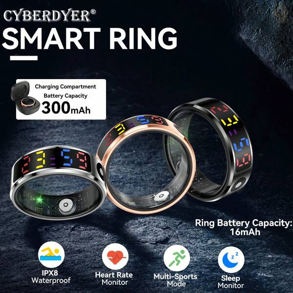 CyberDyer [Smart Fitness Ring] Smart Ring - Conectividade sem fio, aço inoxidável elegante, mais de 100 modos esportivos, rastreador de condicionamento físico e sono, Wave Photo, carregamento USB, bateria de polímero de lítio recarregável, à prova d'água IPX8, para Android e IOS