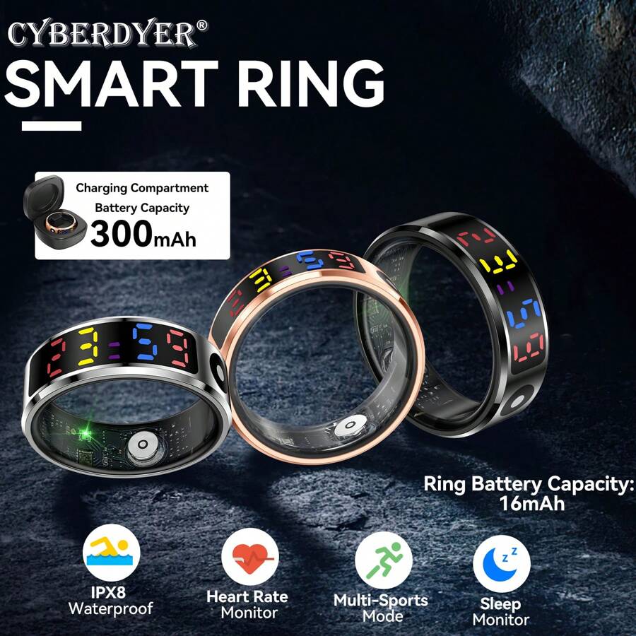 CyberDyer [Smart Fitness Ring] Smart Ring - Conectividade sem fio, aço inoxidável elegante, mais de 100 modos esportivos, rastreador de condicionamento físico e sono, Wave Photo, carregamento USB, bateria de polímero de lítio recarregável, à prova d'água IPX8, para Android e IOS
