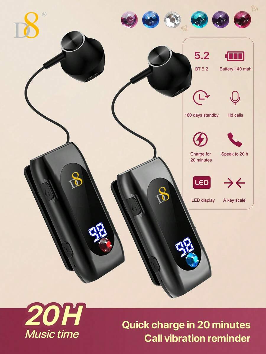 D8 1 件可伸缩无线耳机，LED 显示屏包耳式耳机，立体声耳机，防噪音麦克风，夹式耳机，舒适免提耳机，20 小时通话时间，运动商务卡车司机耳塞