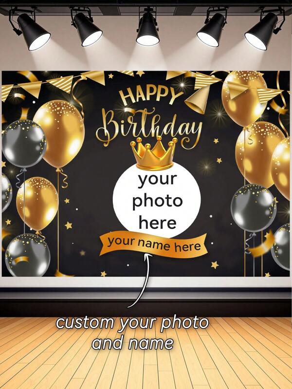 1pc Custom Photo And Name Happy Birthday Themed Photography Backdrops Customized Image And Text Black And Gold Background Personalised Golden Crown Balloons Glitter Stars Party Banner Indoor Outdoor Newborn Shower Birthday Gift Him Her Son Daughter Dad Mom Boyfriend Girlfriend Couple Decoration Supplies High-Quality HD Printing Soft Polyester Fabric