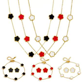 1 套优雅的五叶草和梅花不锈钢项链、1 条手链、1 对耳环首饰套装，适合女性日常通勤或派对佩戴，是母亲节的绝佳礼物