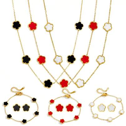1 套优雅的五叶草和梅花不锈钢项链、1 条手链、1 对耳环首饰套装，适合女性日常通勤或派对佩戴，是母亲节的绝佳礼物