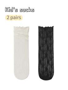 2 Pairs Girls Lace Flower Frill Trim Mid-Calf Mesh Breathable Stockings, Lightweight Summer - Multicolor - View 9