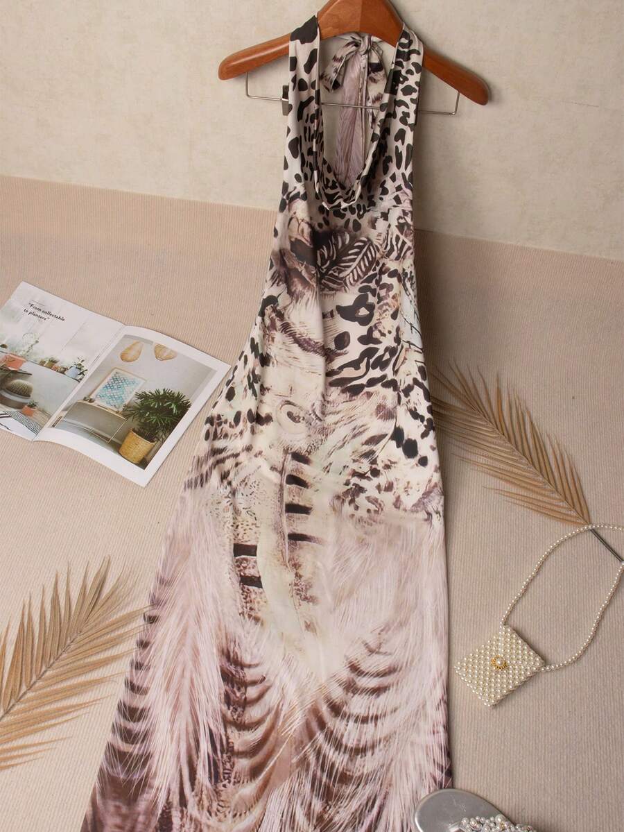 Modisches bedrucktes sexy figurbetont geschnittenes Kleid mit Rückenausschnitt zum Binden - Khaki - Übersicht 1