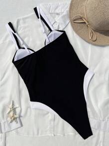 Traje de baño de una pieza con estilo de camisola de color contrastante para mujer
