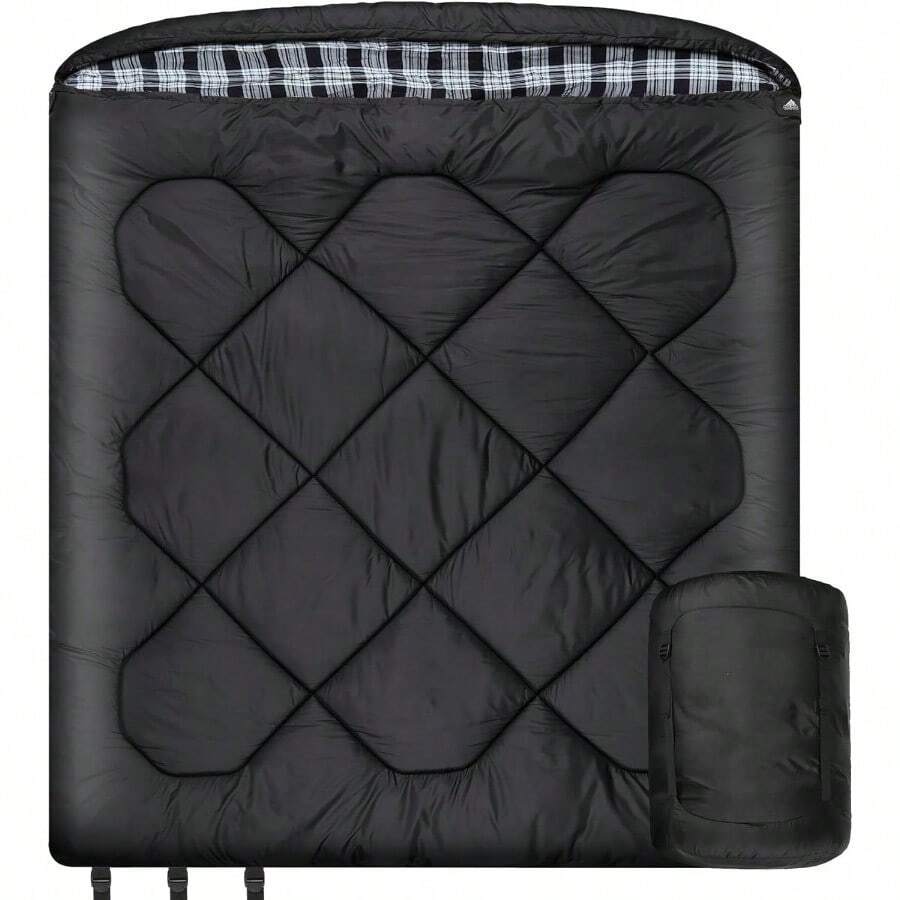 Winter 0 Degree Double Sping Bag Double Wide Queen Size Sping Bag With 100% Cotton Flannel Lining Warm And Waterproof 2 Person Sping Bag For Camping Fishing Or Hunting In Cold Weather - Black/White1 - View 1
