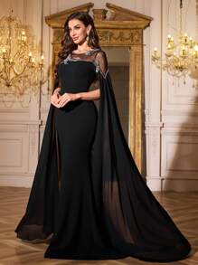 Vestido de noche de gasa con ajuste ceñido, cuello redondo, mangas de pieza flotante y bordado de lentejuelas para mujer, SUPGIR