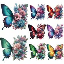 Pegatina de transferencia térmica de alta definición con degradado de color, con mariposa a la izquierda y flor a la derecha, adecuada para ropa, gorras, bolsos, toallas, sillas y otras decoraciones, de alta elasticidad y lavable