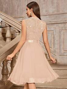 MIUSOL Turtleneck Sequin Floral Lace Sleeveless Ruffle Hem Cocktail Party Dress - Champagne - View 2