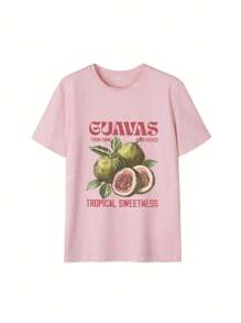 Nuova maglietta casual e versatile da donna, stile ampio, in tessuto traspirante, con stampa di frutta, collo tondo, per primavera ed estate