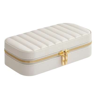  SONGMICS HOME ANAH Colección - Joyero de Viaje, Estuche Pequeño para Joyas con Espejo, 10,5 x 20,5 x 6 cm, Superficie PU con Costuras, Portátil, Cremalleras, Idea de Regalo, Blanco Nube
