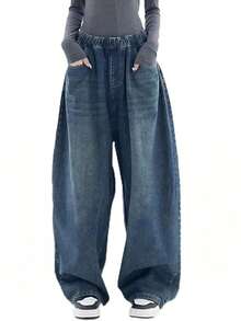 Women's Casual Loose Fit Wide Leg Denim Jeans With Pockets And Button Zipper Closure, Long Straight Leg Style, Slightly Stretchy Fabric, Perfect For A Vintage Or Casual Look - Rửa tối - Xem 4