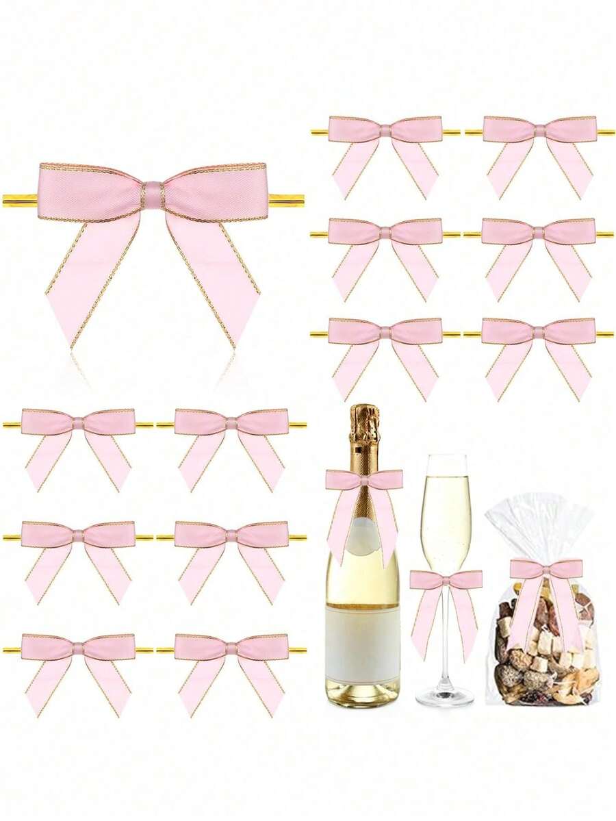 50/100 chiếc nơ ruy băng viền vàng mini, nơ xoắn màu hồng, nơ ruy băng satin tự làm, nơ quà tặng thắt sẵn, dùng để gói quà, đồ trang trí bánh chai rượu sâm panh cho tiệc, đồ trang trí túi đựng bánh quy nướng, đồ trang trí tiệc sinh nhật ngày của mẹ cho tiệc cô dâu, đồ trang trí ngày 4 tháng 7