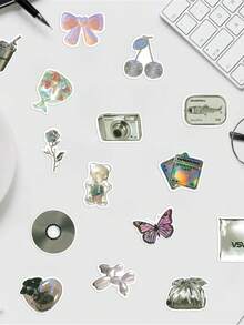 63pcs Cartoon Romantic Pink Butterfly Doodle Stickers, DIY Water Bottle, Notebook, Phone Case, Tablet, Guitar, Helmet, Desk Decor, Waterproof PVC Stickers, Back To School - Multicolor - View 9