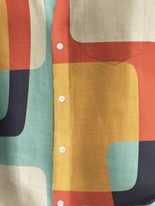 Retro 50s Geometric Atomic Print Button Pocket Short Sleeve Shirt, Plus Size - Multicolor - View 4