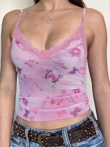 Lila Schmetterlings-Muster Patchwork Spitzen Trägerhemd Damen mit Trägern, Rückenausschnitt und kurzem Cropped-Top für Sommer, Strandurlaub, Y2K-Mode - Violett - Übersicht 3