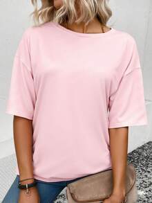 Las camisetas holgadas de color sólido son populares en 2025, y las camisas de manga corta de moda casual. - Rosa - Ver 2