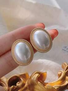 1 对时尚巴洛克珍珠耳环，经典欧式风格，简约韩式设计，百搭耳环 - 金黃色 - 查看 3