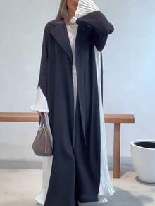 女士穆斯林黑色长袍 - 白色褶皱面板设计长袍，适合朴素时尚穿着，卡夫坦 - 黑色 - 查看 4