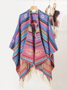 1pc New Geometric & Floral Print Hooded Cape/Shawl - Multicolor - View 8