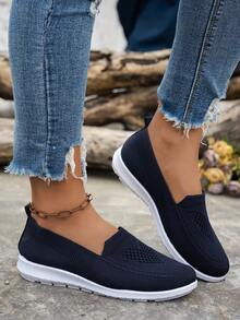 2025新款时尚女士休闲运动户外鞋软底针织平底鞋透气软底鞋舒适一脚蹬 - 藍色 - 查看 4