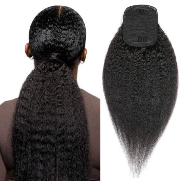 Extensions de cheveux humains crépus lisses 100 % queue de cheval pour femmes, 40 à 76 cm, 100 g, couleur naturelle, queue de cheval avec cordon de serrage, 1 pièce, livraison gratuite sous 5 jours ouvrés