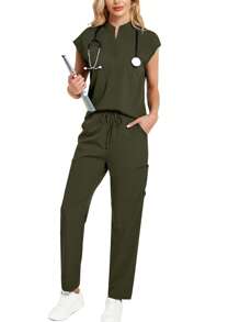 2 Stücke/Set Uniforme in Unifarben mit Ausschnitt und voller Länge Hose Pflegeuniformen Set