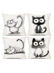 New Black And White Abstract Cute Lines Cat Cat Polyester Short Plush Sofa Cushion Cover 4 (No Pillow Core)