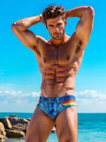 Men's Triangle Swimming Trunks With Denim Print Pattern, Ideal For Beach, Swimming, Surfing And Vacation