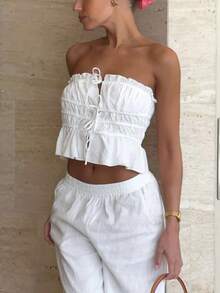 Women Tube Top, Pleated Strapless Top Backless Tie-Up Crop Tops Summer Slim Shirt For Streetwear Going Out Clothes - 白色 - 查看 4