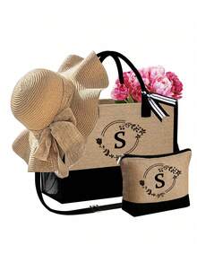 3pcs/Set Women'S Beach Tote Bag With Shoulder Straps,With Women'S Beach Hat And A Makeup Bag,Letter A-Z Beach Accessories Bag,Personalized Gift Bag With Side Pockets, Beach Bag With Scarf, Women'S Khaki Wave Beach Sun Hat - Khaki - View 24