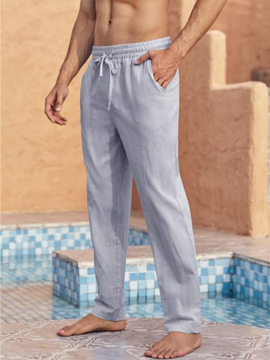 Runcati Mens Casual Linen Pants Loose Fit Elastic Drawstring Waist Straight-Legs Summer Yoga Beach Long Pants - 灰色 - 查看 1