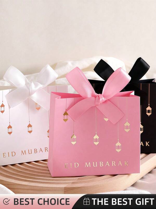 6 صناديق هدايا صغيرة فاخرة للأعياد، بمقاس 10.5 * 10 * 4.5 سم، باللون الأسود والأبيض والوردي الرومانسي، مزينة بفوانيس ذهبية وأشرطة - مثالية لعرض الحلوى والشوكولاتة والهدايا التذكارية الفريدة لعيد الأضحى بأناقة