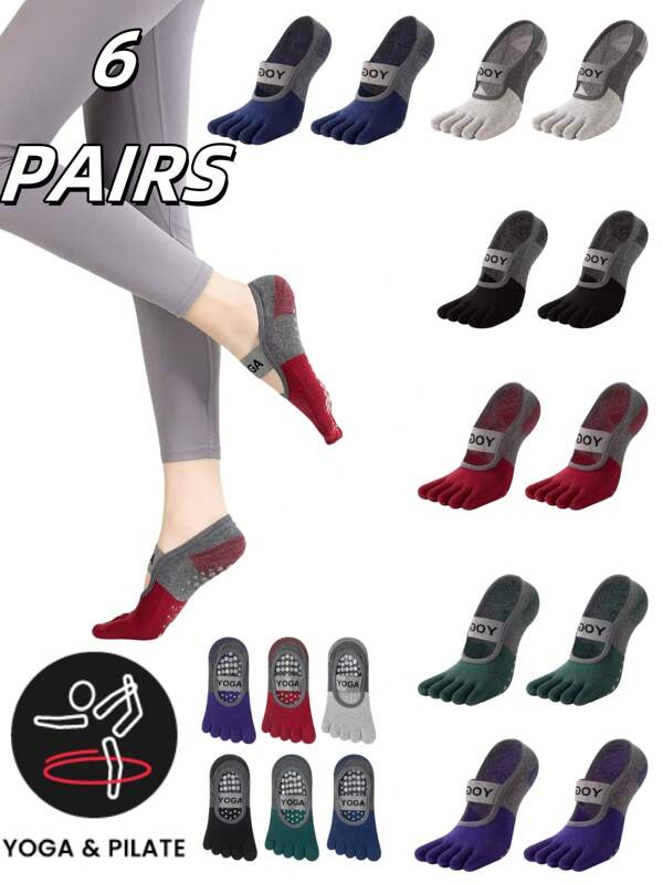 6 pares de meias femininas esportivas separadoras de dedos, malha com letras de cores contrastantes, aderência antiderrapante adequada para pilates, balé, dança, treino descalço, primavera/verão