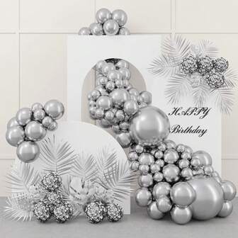Metal Silver Balloon Wreath Set, 96 Piece Silver Latex Balloon Arch Set, Used For Weddings, Birthdays, Engagements, Graduation Ceremonies, Christmas. Baby Party, Anniversary Celebration, Holiday Decoration, Holiday Party Home Decoration, Silver Metal Wedding Balloons