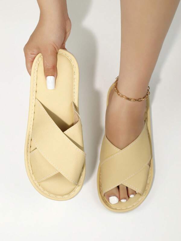 Sandalias planas para mujer de moda con 2 tiras cruzadas y punta abierta, pantuflas casuales para exteriores y playa en verano