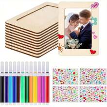 Set de 21 piezas de kit de manualidades para pintar marcos de fotos DIY, artesanía manual de madera DIY, productos colaborativos para parejas y familias. Un gran regalo de cumpleaños que incluye 5 marcos de fotos de madera sin terminar, 12 rotuladores de acuarela miniatura y 4 pegatinas de diamantes de cristal para marcos de fotos DIY - Adecuado para todas las estaciones y festividades.